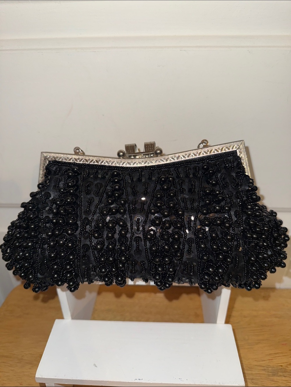 Women’s Black Beaded Evening Clutch with Chain Strap - Picture 4 of 8